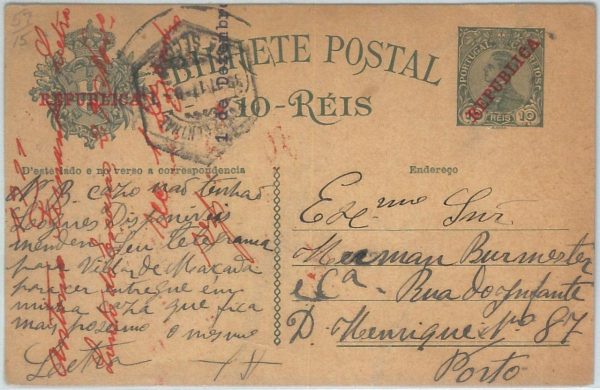 72492 - PORTUGAL - POSTAL HISTORY -  POSTAL STATIONERY  CARD  1911
