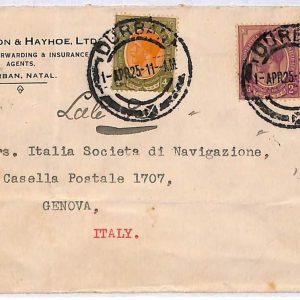 ai1692 - SOUTH AFRICA - Postal History - 3 color franking on COVER to ITALY 1925