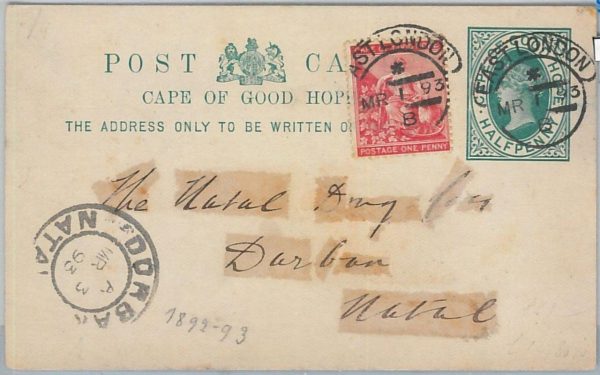 65834 - CAPE OF GOOD HOPE - Postal History -    STATIONERY CARD to NATAL 1893