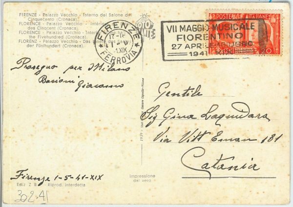 66600 -  ITALY - POSTAL HISTORY -  POSTMARK on POSTCARD  1941 - MUSIC Firenze