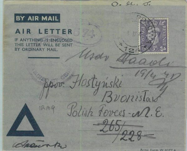 95369  - IRAQ - POSTAL HISTORY - COVER  - POLISH  TROOPS  Anders' Army 1945