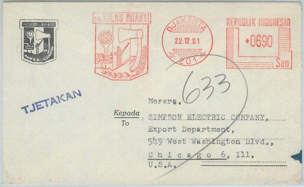 74878 - INDONESIA  - POSTAL HISTORY -  MECHANICAL POSTMARK on COVER  1961