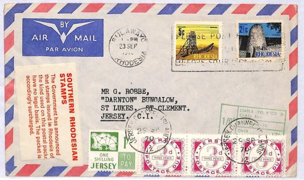 ai1659 - Postal History -  Southern RHODESIA stamps on COVER to JERSEY, TAXED !