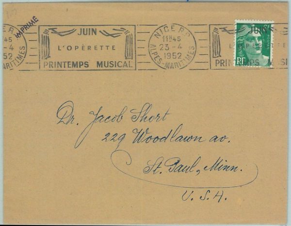 67288 - FRANCE - Postal History -   COVER  -  MUSIC 1952  Opera