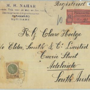 85258 - SURINAME - POSTAL HISTORY -  REGISTERED COVER  to AUSTRALIA!  1900's