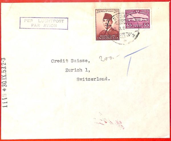 aa0230 -  INDONESIA  - POSTAL HISTORY -  AIRMAIL  COVER to SWITZERLAND  1953