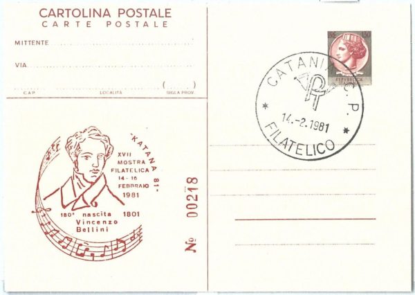 72951 - ITALY- Postal History - POSTAL Stationery Card - MUSIC Bellini  1981