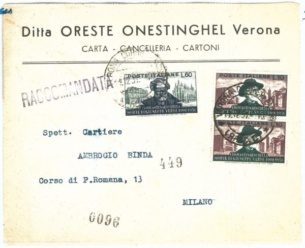 72953 - ITALY - Postal History - Stamps on Cover - MUSIC Verdi  1951