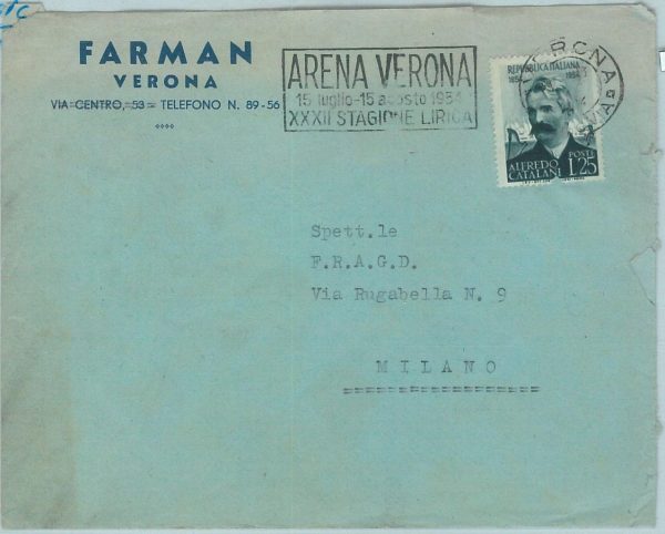 67266 - ITALY  - Postal History -  SPECIAL POSTMARK -  MUSIC 1954  Verona Opera