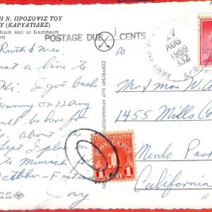 aa2221 -  POSTAL HISTORY  - US TROOPS in GREECE postcard to USA, TAXED  1959