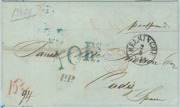 68802 - DENMARK   - Postal History -  COVER from HELSINOR to Cadiz SPAIN  1856