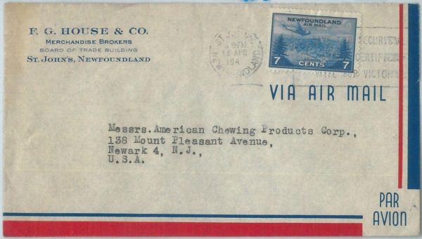 72388 -  NEWFOUNDLAND - POSTAL HISTORY:  AIRMAIL Cover to USA 1940's