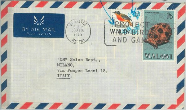 75763 - MALAWI - Postal History - AIRMAIL Cover to ITALY 1970 Birds WILDLIFE