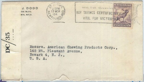 72378 -  NEWFOUNDLAND - POSTAL HISTORY:  Cover to USA 1940's  - CENSOR TAPE