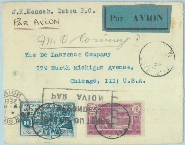 88899 - COTE D'IVOIRE / UPPER VOLTA - Postal History - AIRMAIL COVER to USA 1935
