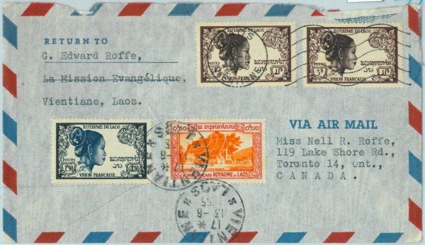 94623 - LAOS -  Postal History - Airmail COVER to CANADA - ARCHITECTURE art 1955