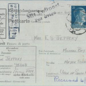 89282 - GERMANY - POSTAL HISTORY - CARD sent by SOUTH AFRICAN  POW  sent AIRMAIL