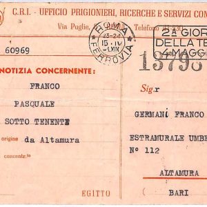 ai3345 - ITALY -  POSTAL HISTORY -  POW Research Card  - Red Cross - 15.4.1941