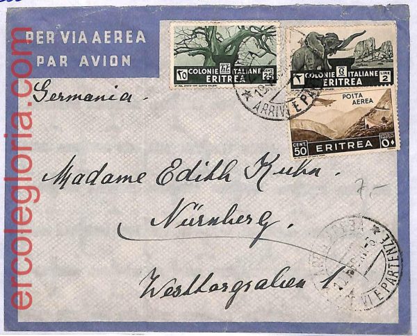 ai3369 - ERITREA - POSTAL HISTORY - Airmail Cover to GERMANY - Elephant - 1938
