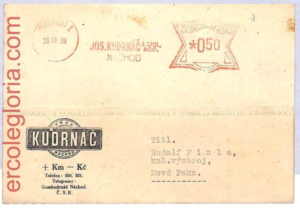 ai3237 - Czechoslovakia - POSTAL HISTORY - Mechanical Postmark - Cars TYRES 1939