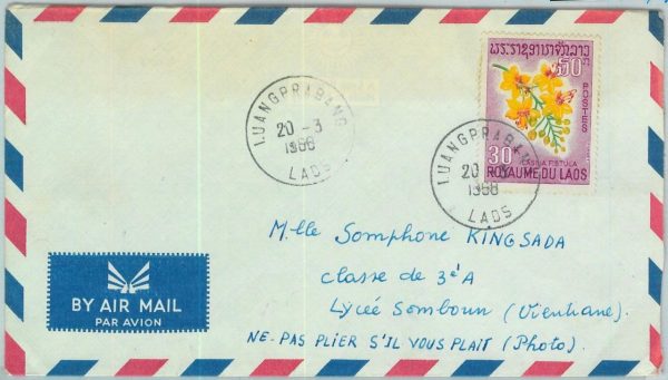94502 - LAOS -  Postal History -   Airmail COVER 1968  - FLOWERS Cassia fistula