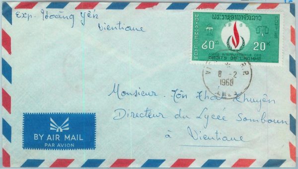 94415  - LAOS -  Postal History -  AIRMAIL COVER 1968  -  HUMAN RIGHTS Year