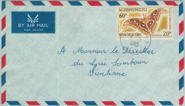 94532  - LAOS -  Postal History -  Airmail  COVER 1965  - FAUNA Butterflies MOTH