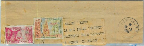 94407  - LAOS -  Postal History -   Small WRAPPER to THAILAND  - 1964