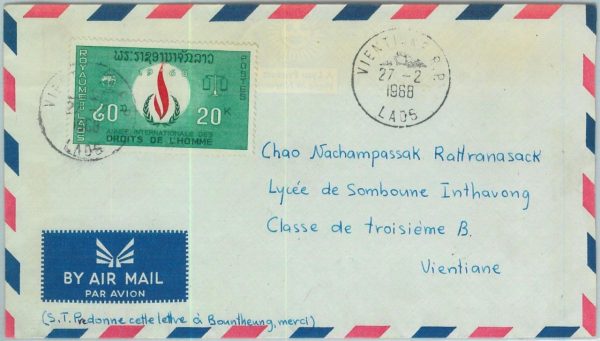 94382  - LAOS -  Postal History -  AIRMAIL COVER 1968  -  HUMAN RIGHTS Year