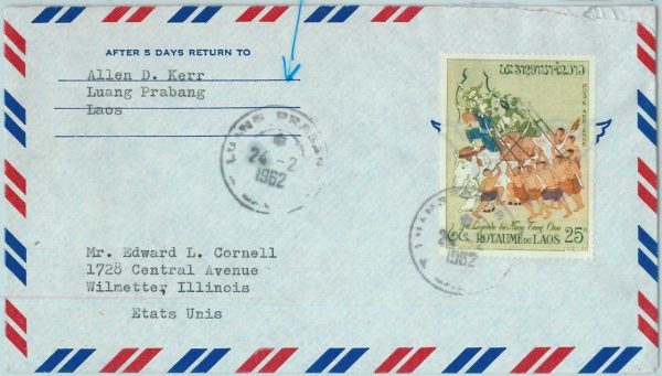 94557 - LAOS - Postal History - AIRMAIL COVER 1962  LEGENDS elephants LUANG PRAB