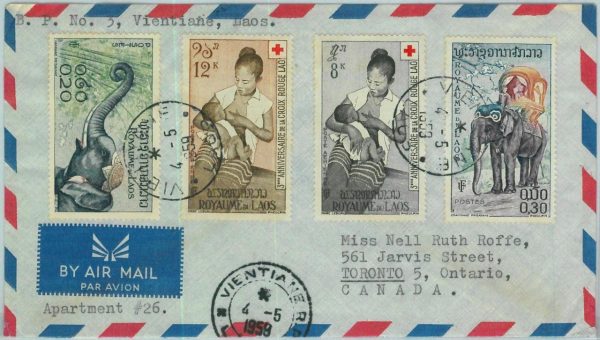 94627  - LAOS - Postal History - AIRMAIL to CANADA  1959  - Medicine RED CROSS