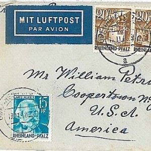 10678 - GERMANY Rheinland-Pfalz -  POSTAL HISTORY: MIGNON COVER to USA 1948 MARX