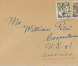 GERMANY: Rheinland-Pfalz  -  POSTAL HISTORY:  COVER from UDENHEIM to USA