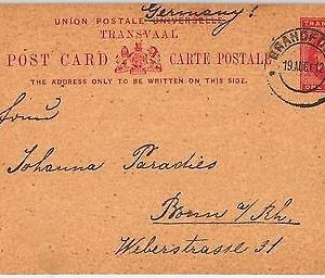 Transvaal  SOUTH AFRICA -  POSTAL STATIONERY CARD: Brandfort to GERMANY 1907