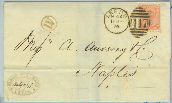 BK0778 - GB - POSTAL HISTORY - SG # 152 on COVER from LEEDS to NAPLES 1876