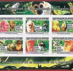 FRENCH GUINEA - ERROR, 2009 IMPERF SHEET: C. DARWIN, MONKEYS, Animals, Evolution