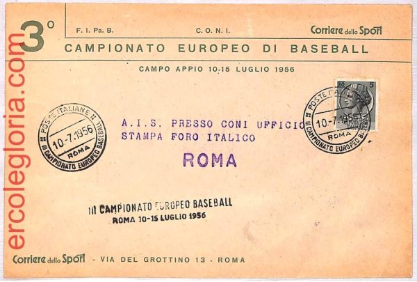ai3907 - Italy - POSTAL HISTORY - EVENT POSTMARK on Cover - Baseball - 1956