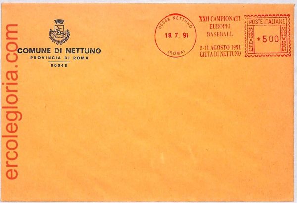 ai3906 - Italy - POSTAL HISTORY - ANNULLO MECCANICO Rosso NETTUNO Baseball 1991