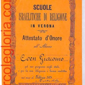 ai3494 - Italy - VINTAGE SCHOOL DIPLOMA - JEWISH SCHOOL Verona Judaica 1878
