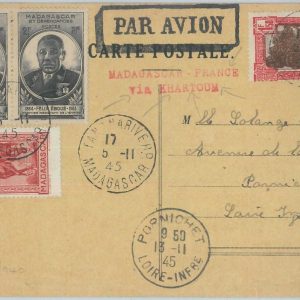 81138 - MADAGASCAR - POSTAL HISTORY - CARD to FRANCE via KHARTOUM  1945