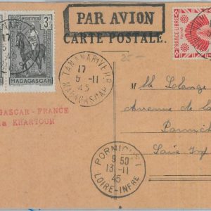 81139 - MADAGASCAR - POSTAL HISTORY - CARD to FRANCE via KHARTOUM  1945