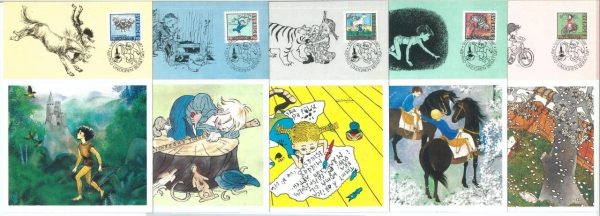 68913 - SWEDEN - Set of 5 MAXIMUM CARDS  1987  - LETTERATURE Horses Bicycles