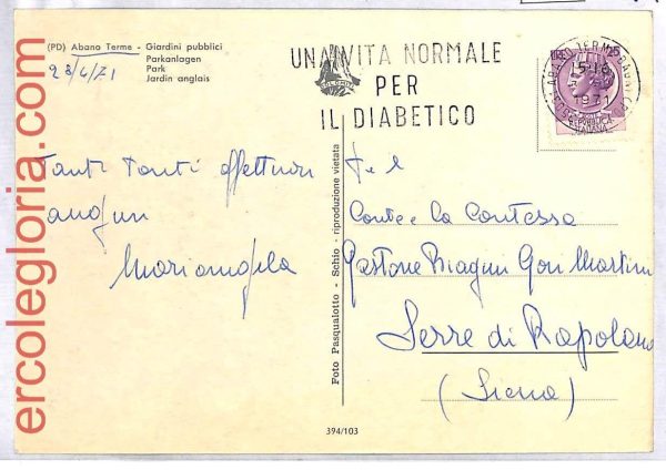 ai3528 - Italy - POSTAL HISTORY - Postcard - MEDICINE  Diabetes  1971