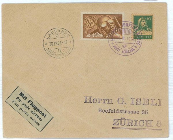 P0023 - Switzerland - POSTAL HISTORY - SBHV # F6 + on SPECIAL FLIGHT COVER 1924