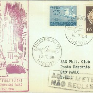 87398 - SWEDEN - Postal History - FIRST FLIGHT:  Stockholm - Sao Paulo 1956 SAS