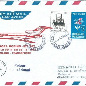 72124 - ITALY - Postal History - FIRST FLIGHT:  Milan - Frankfurt 1964 Lufthansa