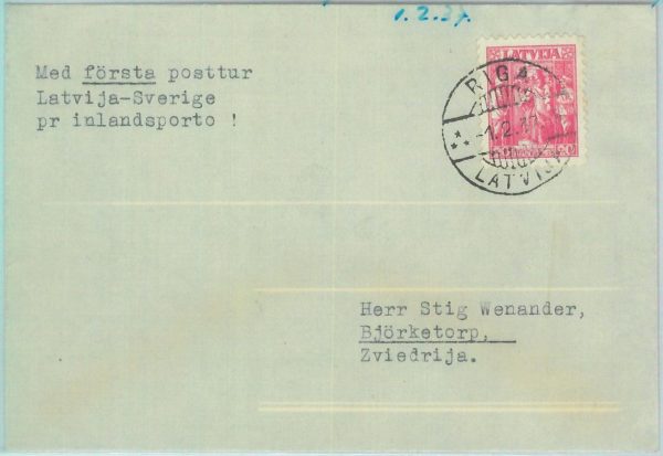 89690 - LATVIA - Postal History - FIRST FLIGHT  Riga - Stockholm SWEDEN 1937