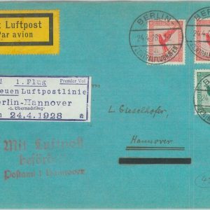 89719 - GERMANY - Postal History - FIRST FLIGHT COVER:  Berlin / Hannover 1928