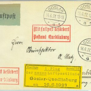 89714 - GERMANY - Postal History - FIRST FLIGHT COVER: Goslar / Quedliburg 1927