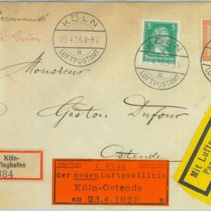 89720 - GERMANY - Postal History - FIRST FLIGHT COVER: Koln / Ostende 1928